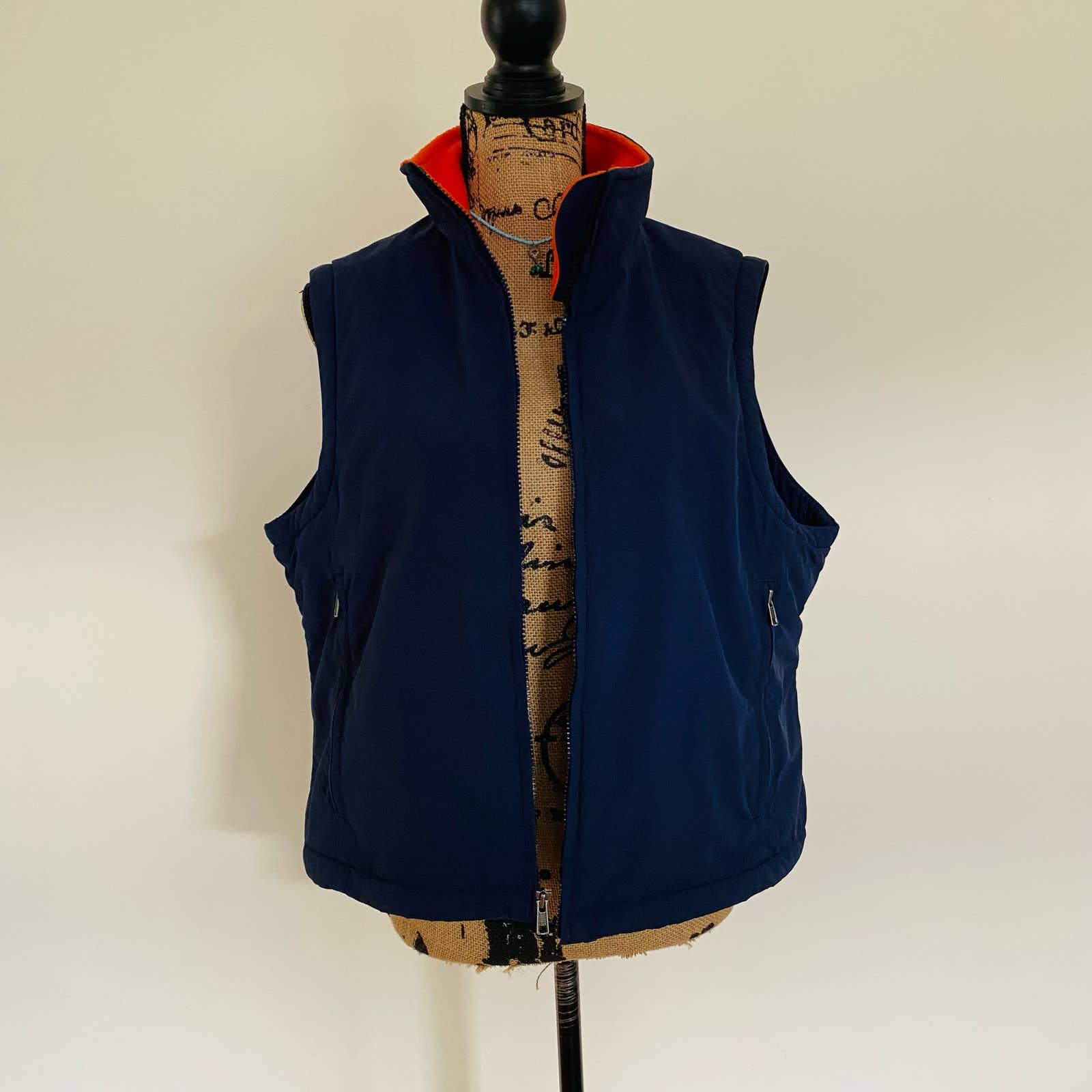 L.L. Bean Womens Navy Fleece Orange Lining Outdoor Rugged Hiking Vest Size Large